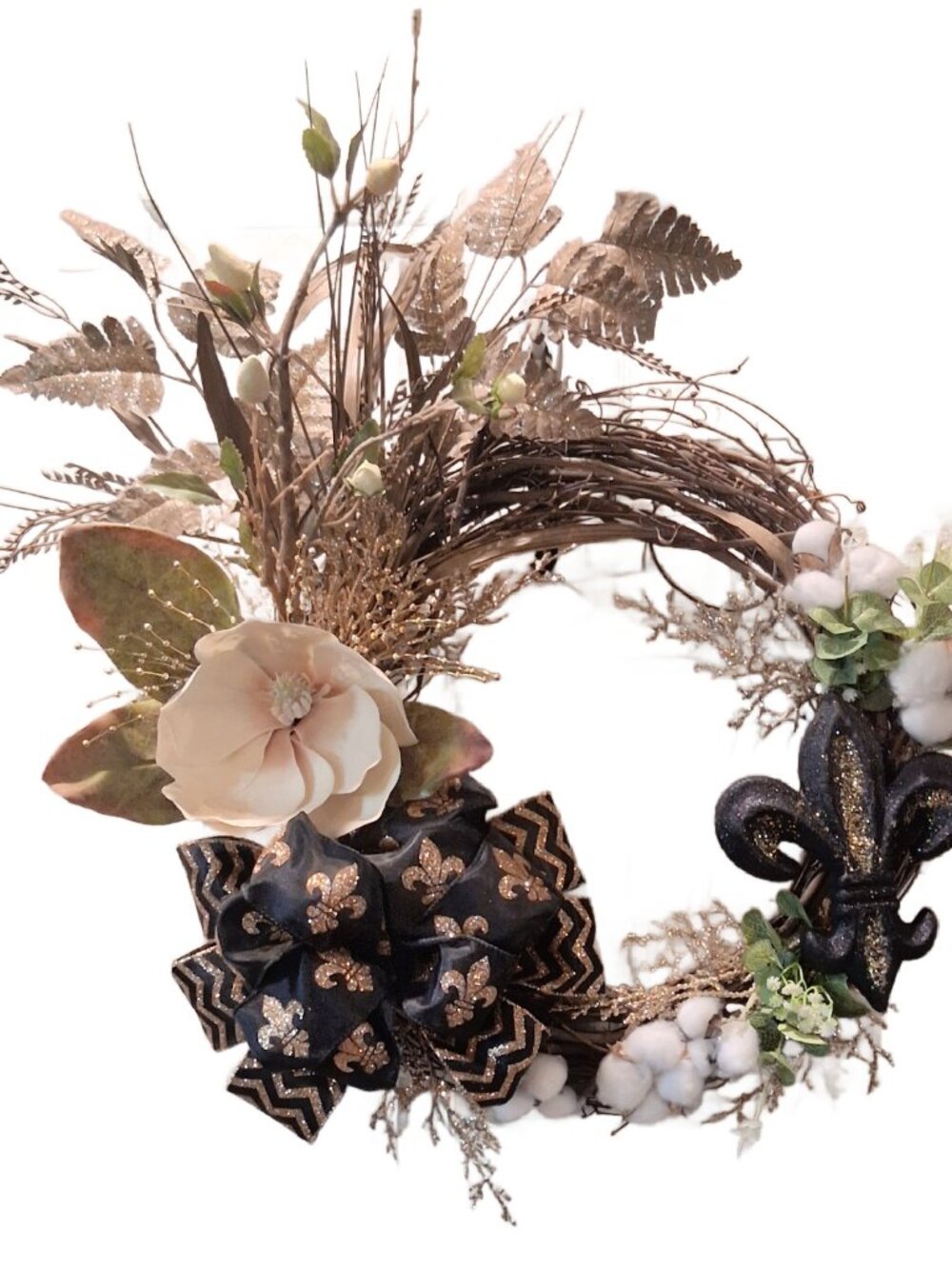 Southern Flare Fleur de Lis Black and Gold Saints Wreath